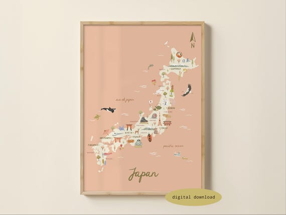 Illustrated Map of Japan - Japan Map | Japan Poster | Japan Travel Print | Japan Nursery Art | Japanese Gift | Digital Download