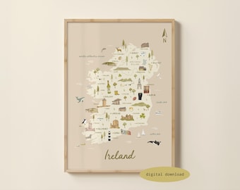Geïllustreerde kaart van Ierland - kaart van Ierland | Ierse poster | Reisafdruk Ierland | Ierland kinderkamerkunst | Roadtrip Ierland | Digitale download