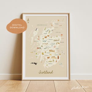 Landkarte Schottland | Illustrierte Schottland Karte | Schottland Poster | Schottland Karte | Reise Karte Poster | Schottland Kunst | Druckbare digitale Datei