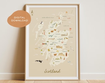 Carte de l'Ecosse | illustrée de la carte de l'Ecosse | Ecosse Impression | Carte de l'Ecosse | affiche de carte de voyage | Art écossais | Téléchargement numérique imprimable