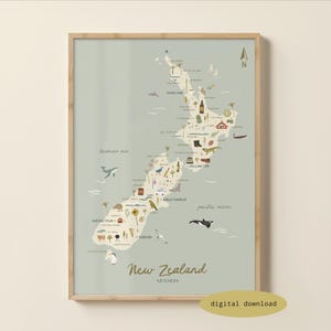 Geïllustreerde kaart van Nieuw-Zeeland - Kaart van Nieuw-Zeeland | Nieuw-Zeelandse poster | Reisprint Nieuw-Zeeland | Kiwi kinderkamerkunst | Nieuw-Zeelandse roadtrip | Digitale download