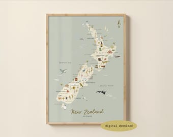 Illustrated Map of New Zealand - New Zealand Map | NZ Poster | New Zealand Travel Print | Kiwi Nursery Art | NZ Road Trip | Digital Download
