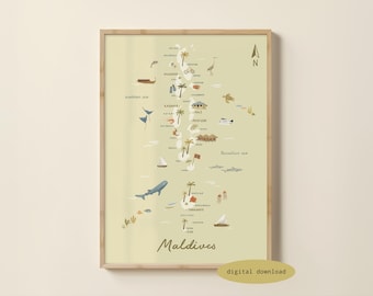Ilustrowana mapa Malediwów – Mapa Malediwów | Plakat z Malediwami | Wydruk z podróży po Malediwach | Sztuka ścienna z Malediwami | Wydruk do pokoju dziecięcego | Pobieranie cyfrowe