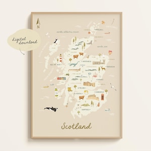Map of Scotland | Illustrated Scotland Map | Scotland Print | Scotland Map | Travel Map Poster | Scotland Art | Printable Digital Download