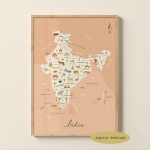Mapa ilustrado de la India - Mapa de la India / Póster de la India / Impresión de viaje a la India / Regalo de viaje a la India / Ilustración india / Descarga digital