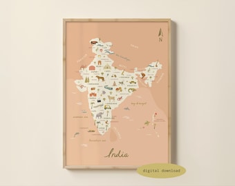 Illustrated Map of India - India Map | India Poster | India Travel Print | India Travel Gift | Indian Illustration | Digital Download