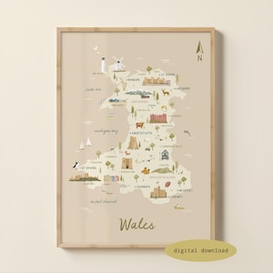 Illustrated Map of Wales - Wales Map | Wales Poster | Wales Travel Print | Wales Nursery Art | Welsh Gift | Digital Download