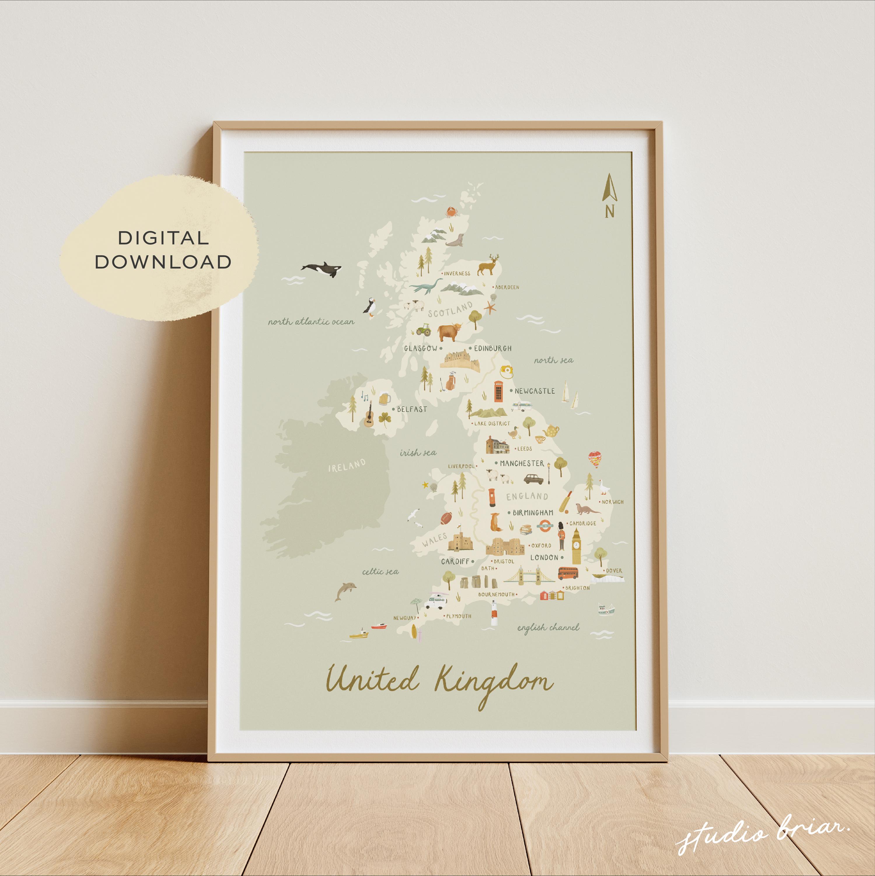 Map of United Kingdom | Illustrated UK Map | UK Print | England Map | Travel Map Poster | England Print | Printable Digital Download