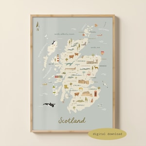 May include: A framed wall art print featuring a light blue map of Scotland. The map includes illustrations of local wildlife, landmarks, and cities, with the text 'Scotland' at the bottom. The design is set against a light beige background.
