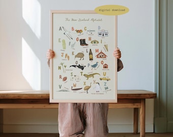 Lámina del alfabeto de Nueva Zelanda - Impresión de Nueva Zelanda / Arte mural con el alfabeto de Nueva Zelanda / Póster ilustrado del alfabeto / Decoración infantil / Lámina de Kiwiana / Descarga digital