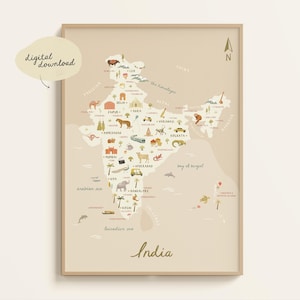 Map of India | Illustrated India Map | India Print | Map Illustration | Travel Map Poster | India Nursery Print | Printable Digital Download