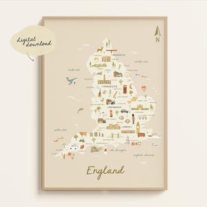 Map of England | Illustrated England Map | England Print | England Map | Travel Map Poster | England Art | Printable Digital Download