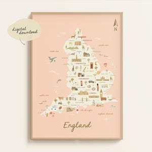 Map of England | Illustrated England Map | England Print | England Map | Travel Map Poster | England Art | Printable Digital Download