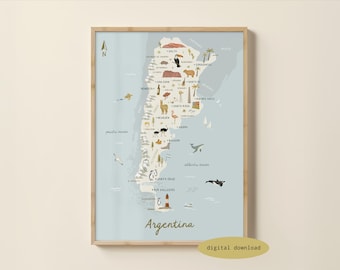 Illustrated Map of Argentina - Argentina Map | Argentina Poster | Argentina Travel Print | South America Map Print | Digital Download