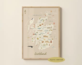 Illustrated Map of Scotland - Scotland Map | Scotland Poster | Scotland Travel Print | Scotland Nursery Art | Digital Download