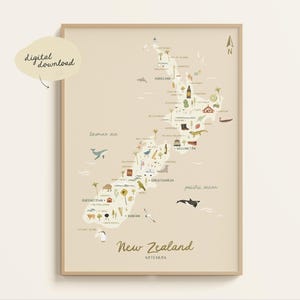 Landkarte Neuseeland | Illustrierte NZ Landkarte | NZ Druck | Landkarte Illustration | Reise Karte Poster | NZ Kinderzimmer Poster | Druckbare digitale Datei