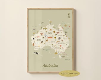 Mappa illustrata dell'Australia - Mappa dell'Australia / Poster dell'Australia / Stampa di viaggio in Australia / Arte per bambini in Australia / Download digitale
