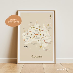 Carte de l'Australie | Carte illustrée de l'Australie | Australie Impression | Illustration de la carte | affiche de carte de voyage | Impression chambre d'enfant Australie | Art australien