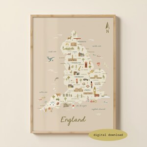 May include: A framed wall art print featuring a beige map of England with various small, colorful illustrations of landmarks, animals, and icons scattered across the country. The word England is printed in a dark brown script at the bottom center.