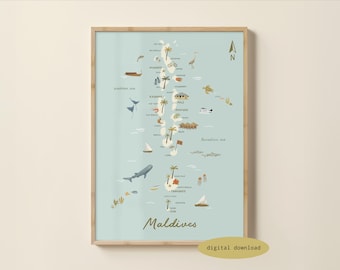 Ilustrowana mapa Malediwów – Mapa Malediwów | Plakat z Malediwami | Wydruk z podróży po Malediwach | Sztuka ścienna z Malediwami | Wydruk do pokoju dziecięcego | Pobieranie cyfrowe