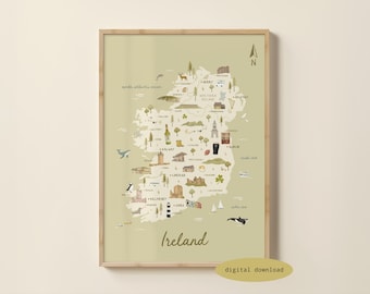 Geïllustreerde kaart van Ierland - kaart van Ierland | Ierse poster | Reisafdruk Ierland | Ierland kinderkamerkunst | Roadtrip Ierland | Digitale download
