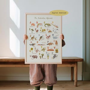Puede incluir: Un p&oacute;ster educativo enmarcado titulado The Australian Alphabet que presenta ilustraciones para cada letra de la A a la Z, incluyendo un mapa de Australia, un bumer&aacute;n, un canguro y un koala, con el texto digital download en un &oacute;valo amarillo.