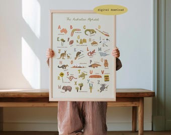 Lámina del alfabeto australiano - Impresión de Australia / Arte mural con el alfabeto / Póster ilustrado del ABC / Decoración infantil / Arte australiano / Descarga digital