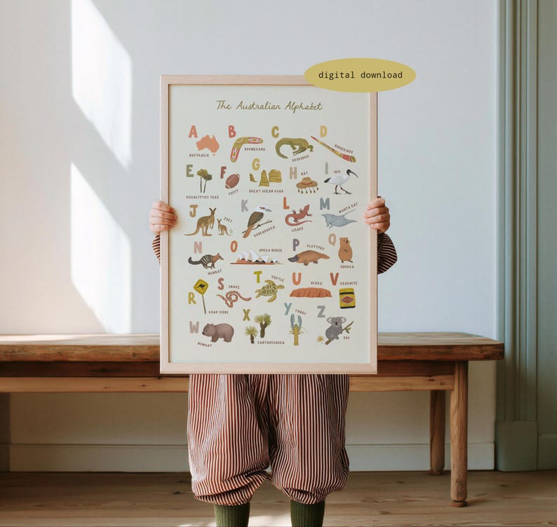 Puede incluir: Un p&oacute;ster educativo enmarcado titulado The Australian Alphabet que presenta ilustraciones para cada letra de la A a la Z, incluyendo un mapa de Australia, un bumer&aacute;n, un canguro y un koala, con el texto digital download en un &oacute;valo amarillo.