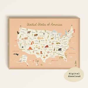 Impresión de mapa de EE. UU. / Mapa de Estados Unidos de América / Mapa ilustrado de América / Impresión de América / Arte ilustrado de Estados Unidos / Descarga digital