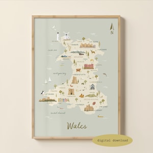 Illustrated Map of Wales - Wales Map | Wales Poster | Wales Travel Print | Wales Nursery Art | Welsh Gift | Digital Download