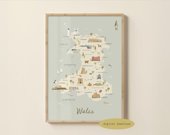 Mapa ilustrado de Gales - Mapa de Gales / Póster de Gales / Impresión de viaje de Gales / Arte infantil de Gales / Regalo galés / Descarga digital