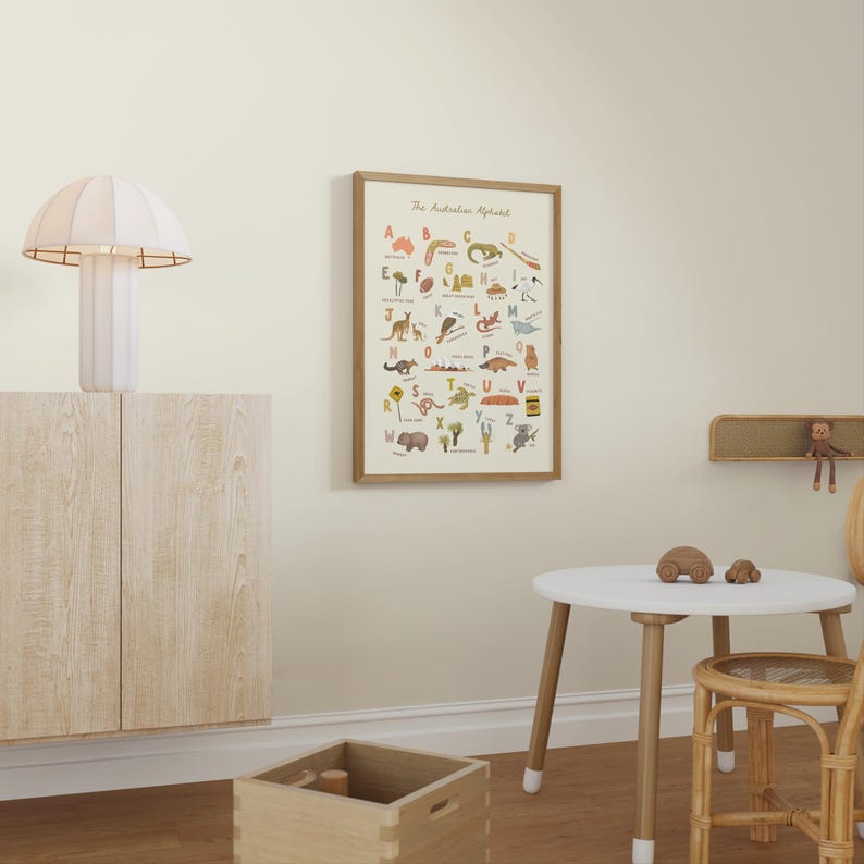 Puede incluir: Un p&oacute;ster de pared enmarcado titulado The Australian Alphabet que presenta ilustraciones coloridas de animales y objetos correspondientes a cada letra del alfabeto, incluyendo un canguro, un koala y un bumer&aacute;n, en una habitaci&oacute;n de tonos claros.