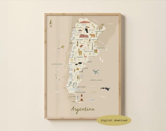 Illustrated Map of Argentina - Argentina Map | Argentina Poster | Argentina Travel Print | South America Map Print | Digital Download