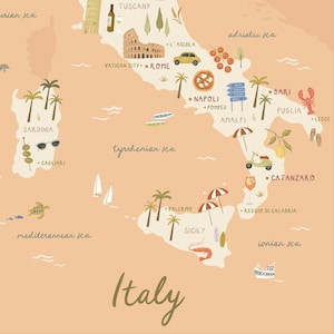 May include: A peach-colored illustrated map of Italy featuring icons of the Colosseum, Leaning Tower of Pisa, a yellow car, pizza, palm trees, a scooter, and various sea creatures. The text Italy is written in large script at the bottom of the map.