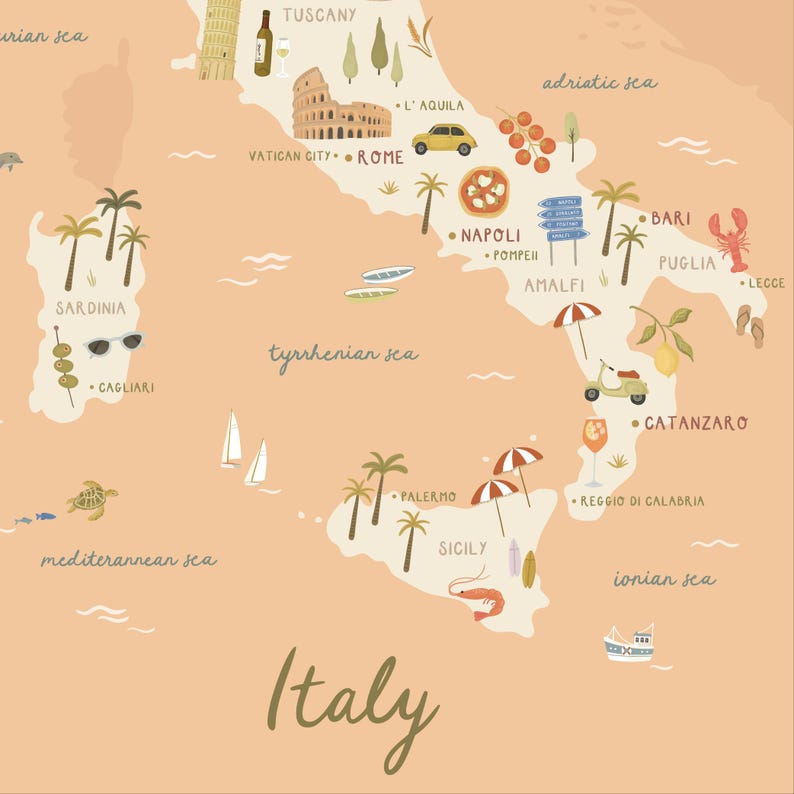 May include: A peach-colored illustrated map of Italy featuring icons of the Colosseum, Leaning Tower of Pisa, a yellow car, pizza, palm trees, a scooter, and various sea creatures. The text Italy is written in large script at the bottom of the map.