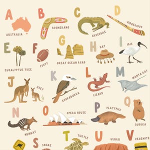 Puede incluir: Un p&oacute;ster educativo del alfabeto con ilustraciones de tem&aacute;tica australiana para cada letra, incluyendo un bumer&aacute;n, cocodrilo, didgeridoo, eucalipto, bal&oacute;n de footy, Great Ocean Road, sombrero, ibis, joey, kookaburra, lagarto, manta raya y numbat.