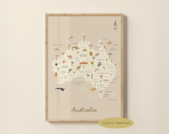 Mappa illustrata dell'Australia - Mappa dell'Australia / Poster dell'Australia / Stampa di viaggio in Australia / Arte per bambini in Australia / Download digitale