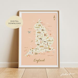 Landkarte England | Illustrierte England Landkarte | England Poster | England Karte | Reise Karte Poster | England Kunst | Druckbare digitale Datei
