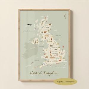 May include: A framed wall art print featuring a light sage green map of the United Kingdom. The map includes illustrated icons of regional landmarks, animals, and cities, with the text United Kingdom at the bottom and a digital download label.