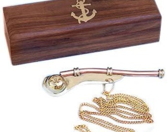 Solid Brass/Copper Boatswain (Bosun) Whistle with Rosewood Box,  Brass