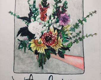 Floral Thank You Card: Mixed Media Bouquet, Blank Inside