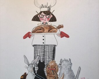 Puede incluir: Una ilustración de acuarela de un chef con un pavo asado, que lleva un gorro de cocinero blanco y gafas, con una hilera de banderas de colores arriba. Cinco animales, incluyendo un conejo, un gato, un perro y dos perros más, están de pie frente al chef.
