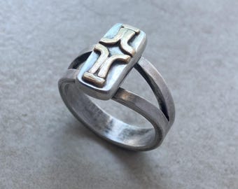 Handcrafted Mixed Metal Cross Ring: sterling silver and 14K gold-filled, split band