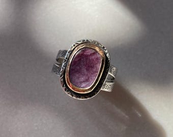 Handcrafted Mixed Metal Ring with Purple Spiny Oyster Shell: sterling silver and 14K gold-filled