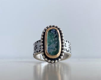 Handcrafted Mixed Metal Ring with Roman Glass: sterling silver, 14K gold-filled, hand stamped