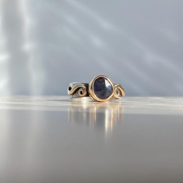 Handcrafted Mixed Metal Ring, Dark Blue Iolite Stone: sterling silver, 14K gold-filled bezel, organic style, comfortable, everyday wear
