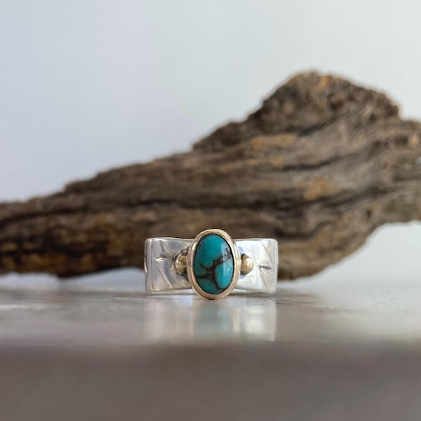 Handcrafted Turquoise in Mixed Metal Ring: subtle southwestern patterned sterling silver, 14K gold-filled bezel, 14K gold studs, green hue