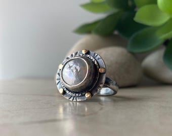 Handcrafted Mixed Metal Ring: large white freshwater pearl, sterling silver, brass embellishment, comfortable band, hand stamped, oxidized