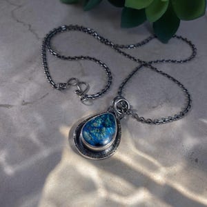 Handcrafted Sterling Silver Necklace:  blue-green chrysocolla cabochon, hand-stamped, oxidized, textured