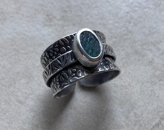 Handcrafted Sterling Silver Ring with Roman Glass Cabochon: patterned, formed, open band